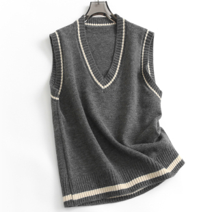 撞色边V领宽松减龄学院风无袖 马夹F845 外搭坎肩针织毛衣背心女装