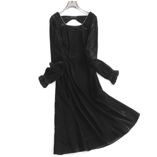 纯色钉珠圆领镂空蝴蝶结高腰显瘦春秋新款 风淑女裙连衣裙B618 法式