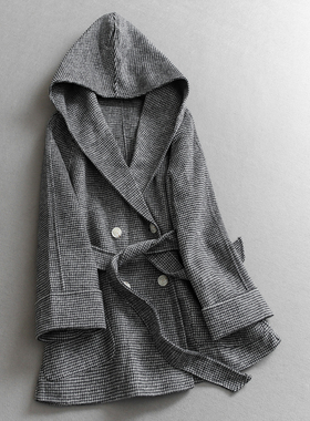 绵羊毛混纺千鸟格连帽双排扣中长款双面呢大衣长袖女毛呢外套Q040