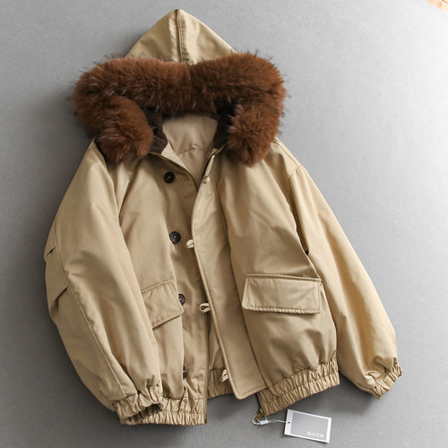 可拆卸毛领连帽纯色宽松羽绒服女