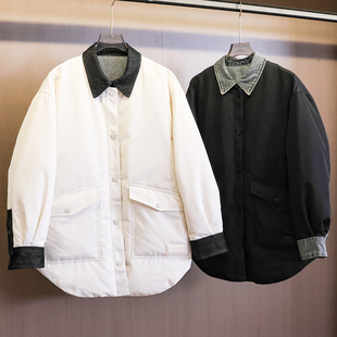 撞色牛仔拼接假两件廓形显瘦保暖中长款外套长袖轻薄女羽绒服Q930