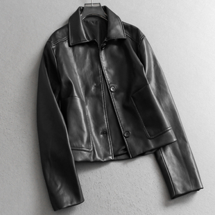 女皮衣V894 简约长袖 复古韩系翻领口袋单排扣夹克外套2025秋季 新款