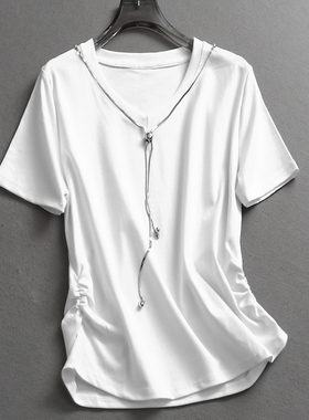 纯色金属链条饰捏褶收腰显瘦V领2025夏季新款短袖百搭女装T恤Z743