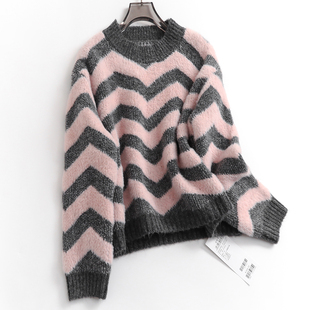 灰粉撞色条纹宽松显瘦慵懒风减龄秋冬新款 厚实女针织毛衣N597 长袖