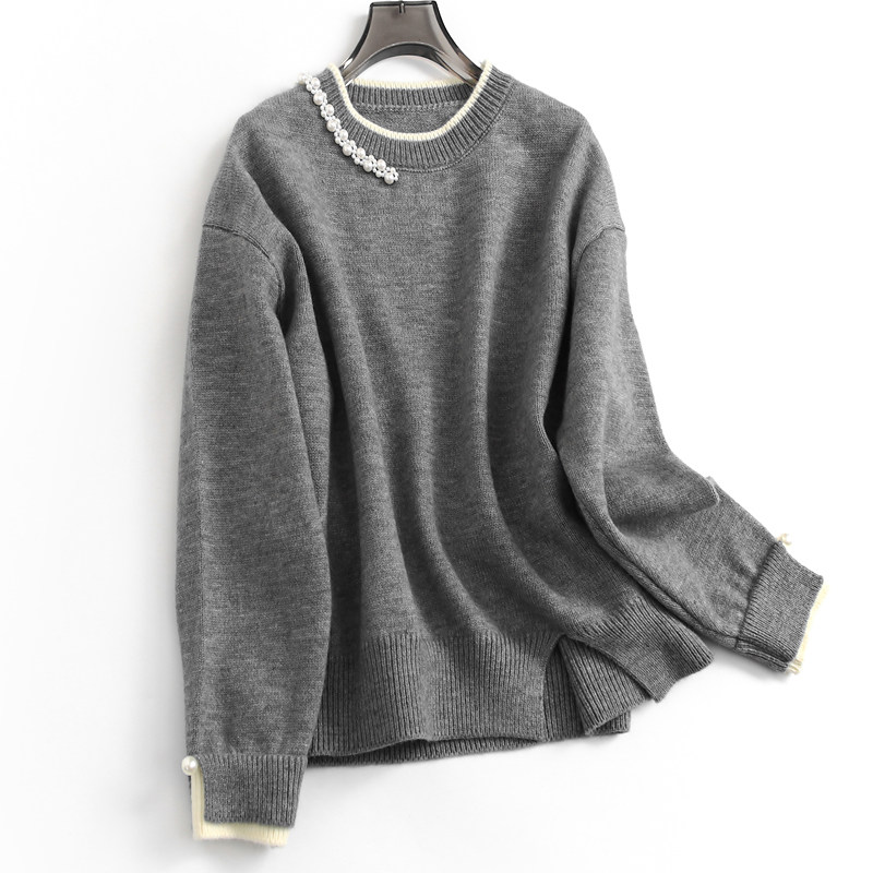 钉珠饰拼色边圆领宽松慵懒显瘦秋冬新款长袖减龄女针织衫毛衣F530,女装/女士精品,毛衣,淘宝优惠券,粉丝福利购,淘宝优惠卷