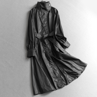 休闲女风衣V752 长袖 纯色光泽感廓形系带收腰立领外套2025秋季 新款