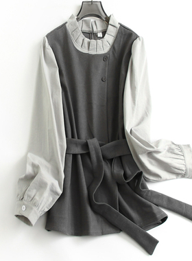 撞色褶皱花边领系带收腰假两件2025春季新款长袖百搭女装衬衫J550