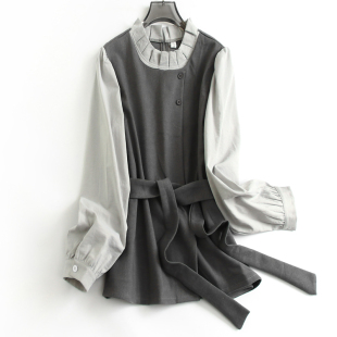 衬衫 撞色褶皱花边领系带收腰假两件2025春季 百搭女装 长袖 J550 新款