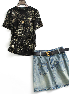 黑色亮金印染显瘦修身褶皱圆领短袖T恤高腰包臀牛仔裙套装女A298