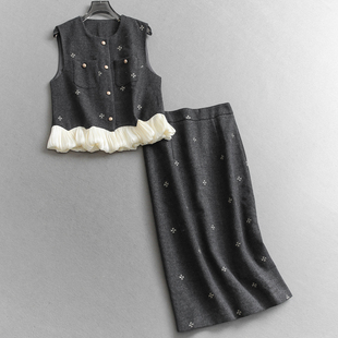 撞色碎花刺绣日常通勤无袖 Q738 背心马夹半身长裙一整套女两件套装