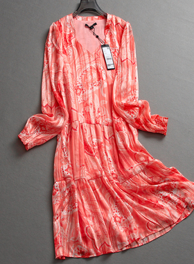 热带印花法式度假风V领长袖显瘦垂感雪纺裙气质感女裙连衣裙L463