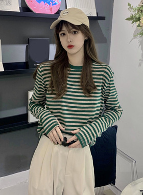 显瘦遮肉2024春季新款女圆领条纹宽松长袖打底衫减龄T恤上衣N662