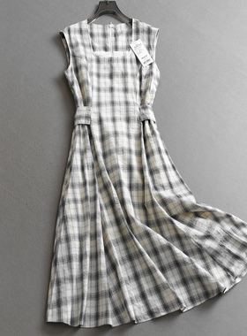 撞色格子腰部褶皱修饰身形方领无袖背心裙2025夏季新款连衣裙C844