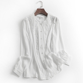 H621纯色褶皱蕾丝花边欧根纱娃娃领春季 淑女上衣衬衫 新款 2023长袖