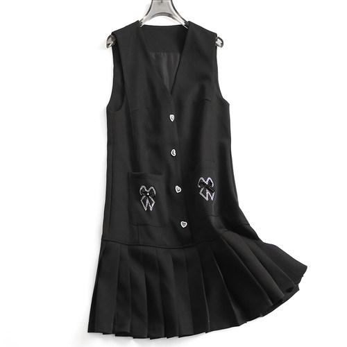 烫钻蝴蝶结百褶裙减龄无袖背心裙