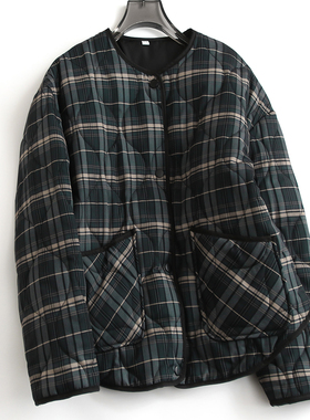 格子前贴口袋宽松显瘦圆领暗扣外套2024冬长袖百搭女棉衣棉服H640