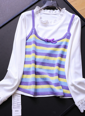 彩色条纹花边圆领吊带两件套装2025秋季新款减龄长袖女针织衫B635