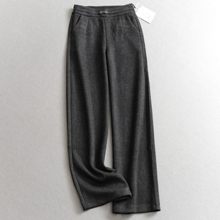 M344 休闲裤 柔软舒适加厚抗皱半松紧腰宽松直筒裤 显腿长毛呢女长裤