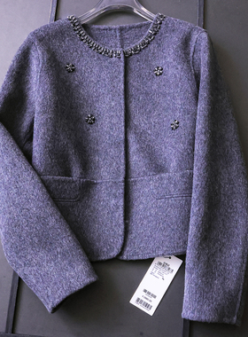 千金小香风镶钻圆领双面呢羊毛大衣长袖通勤显瘦女毛呢短外套M128