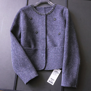 千金小香风镶钻圆领双面呢羊毛大衣长袖 通勤显瘦女毛呢短外套M128