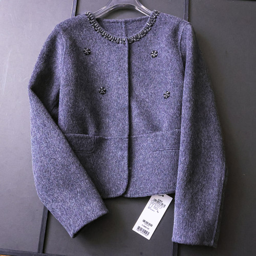 千金小香风镶钻圆领双面羊毛大衣