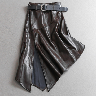 纯色不规则PU皮裙高腰显瘦开叉a字长裙2025秋季 女半身裙V758 新款