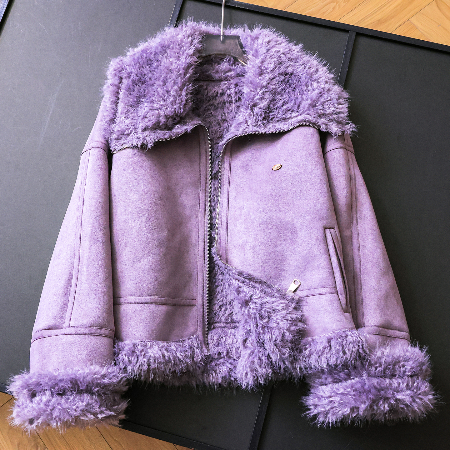 紫色麂皮绒仿羊羔毛内里加厚外套