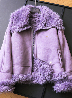 紫色麂皮绒仿羊羔毛内里加厚保暖长袖环保仿生皮草女装外套M040