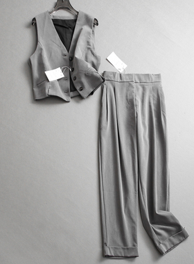 灰色显瘦百搭气质无袖马夹背心一整套穿搭阔腿裤女通勤两件套L156