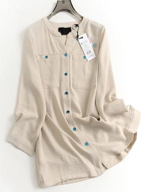 纯色垂感双口袋半开领九分袖气质通勤百搭纽扣开衫女休闲衬衫D103