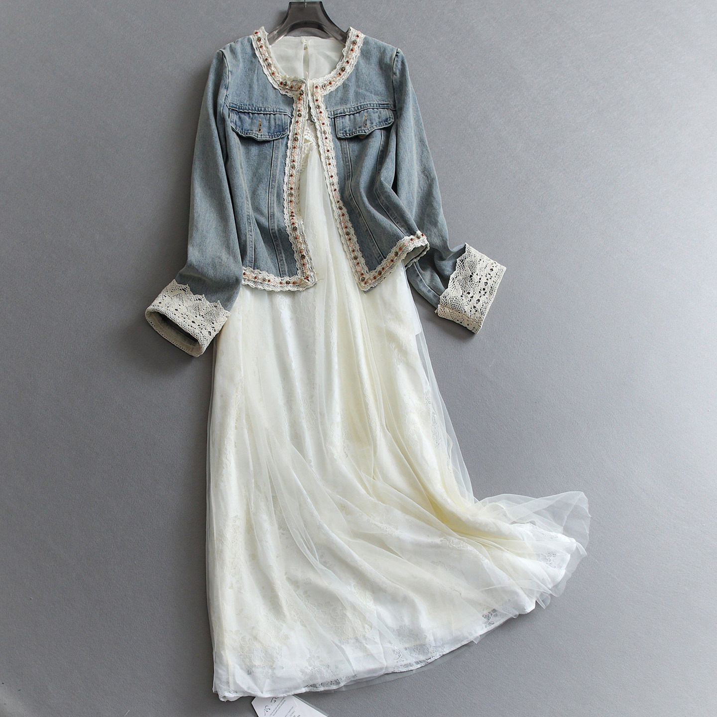 钉珠蕾丝拼接牛仔外套裙套装无袖网纱长裙减龄显瘦女裙连衣裙E183