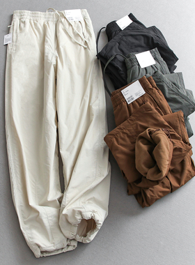 纯色松紧腰加绒加厚保暖工装裤阔腿长裤伞兵裤防风女裤休闲裤Q057