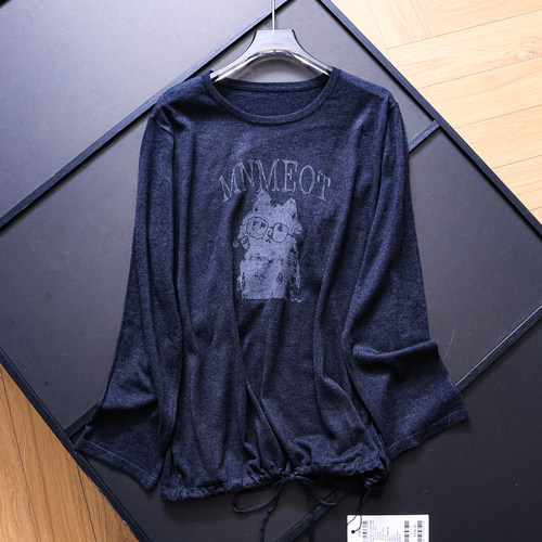 卡通印花图案圆领抽绳下摆针织衫