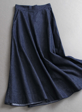 复古蓝色高腰显瘦百搭大摆裙2025秋季新款中长款女牛仔半身裙V262