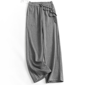 含绵羊毛纯色松紧腰宽松直筒裤 H083 女休闲裤 拖地裤 梨型遮肉阔腿裤