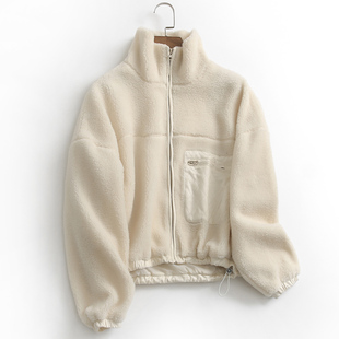 仿羊羔绒女外套 长袖 F579纯色宽松口袋立领拉链摇粒绒保暖冬季 新款
