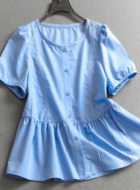 纯色花边圆领法式收腰显瘦浅蓝色2025夏季新款泡泡袖女装衬衫C712