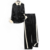 撞色翻领垂感天鹅绒长袖 J306 女两件套装 衬衫 可配一整套阔腿长裤