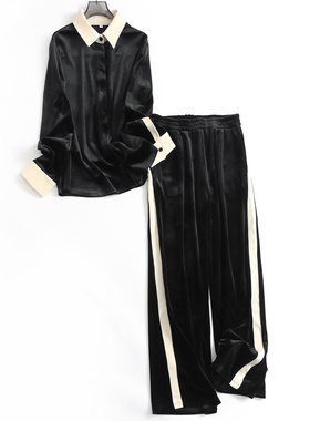 撞色翻领垂感天鹅绒长袖衬衫可配一整套阔腿长裤女两件套装J306