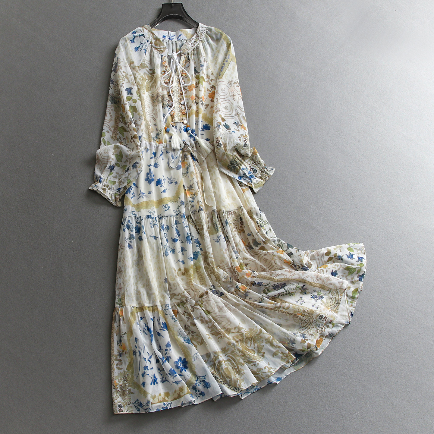 流苏串珠抽绳碎花裙海边度假长袖雪纺裙优雅a字长裙女连衣裙R053