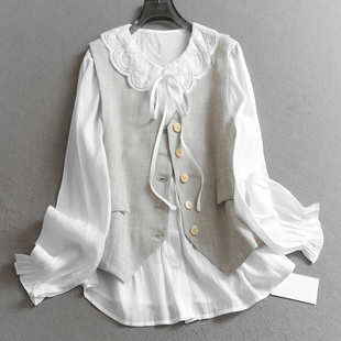 女衬衫 长袖 B179 新款 撞色叠穿两件套减龄娃娃领甜美学院风2025秋季