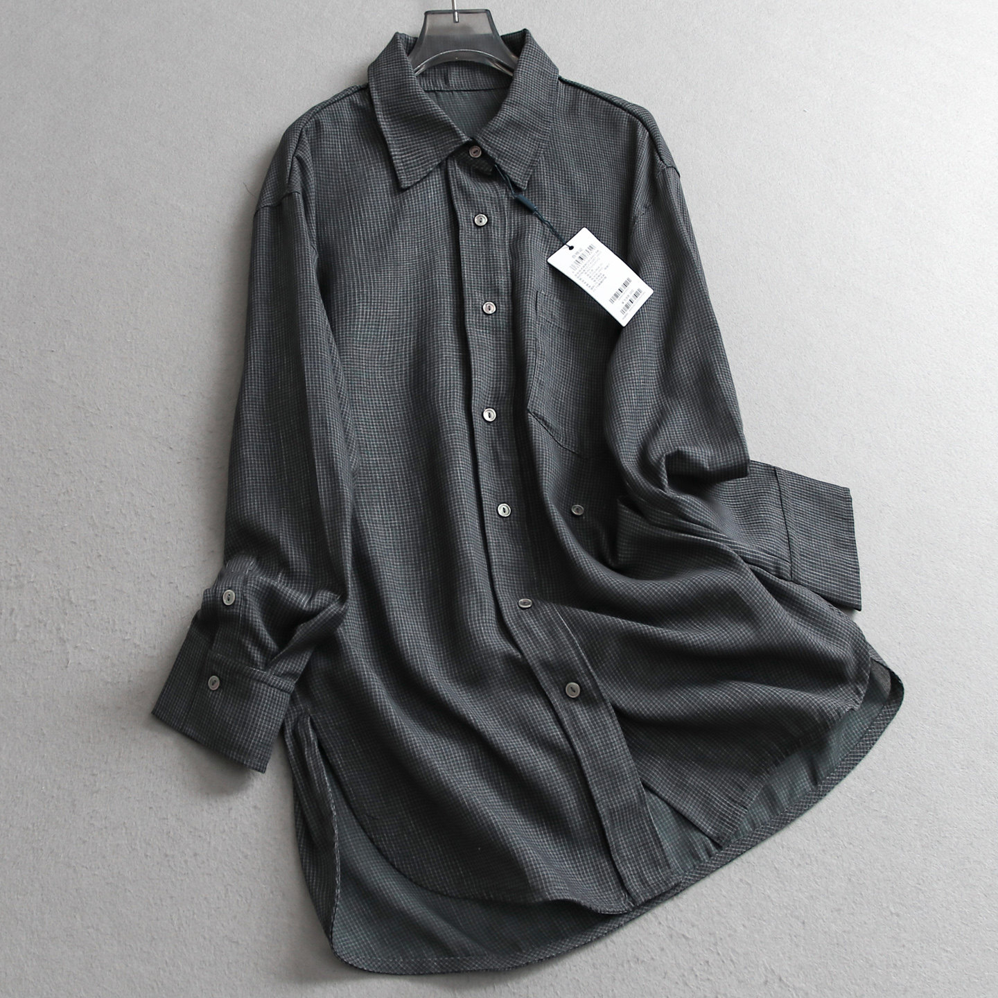 千鸟格纹亚麻混纺宽松中长款翻领2025秋季新款长袖百搭女衬衫V191,女装/女士精品,衬衫,淘宝优惠券,粉丝福利购,淘宝优惠卷