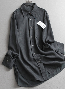 千鸟格纹亚麻混纺宽松中长款翻领2025秋季新款长袖百搭女衬衫V191