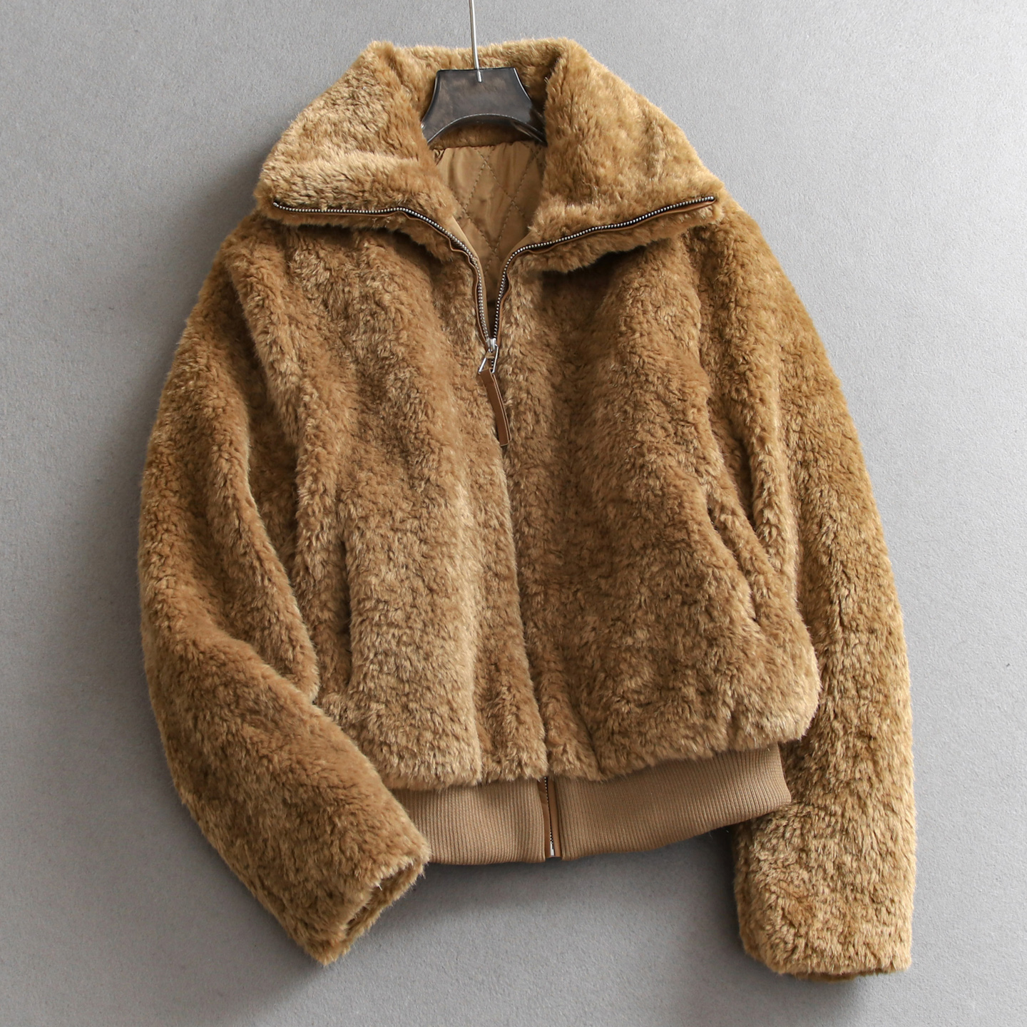 纯色翻领仿皮草夹棉加厚毛绒外套