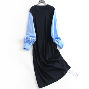 长袖 赫本风撞色假两件衬衫 新款 长裙2025春季 藏肉显瘦连衣裙J775 式