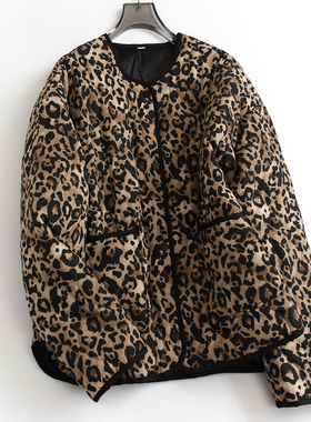 撞色豹纹宽松显瘦圆领单排扣外套秋冬新款时尚女夹克棉衣棉服F687