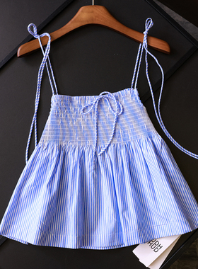 蓝色条纹缩褶松紧腰显瘦细肩带系带夏季新款减龄百搭女装吊带X267
