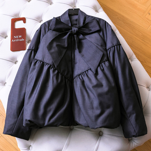 蝴蝶结系带超宽松捏褶加厚保暖外套2025冬季 魅力女羽绒服M915 新款