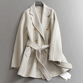纯色收腰双排扣双面呢羊毛混纺中长款 毛呢外套女N060 大衣通勤长袖