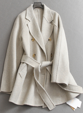 纯色收腰双排扣双面呢羊毛混纺中长款大衣通勤长袖毛呢外套女N060